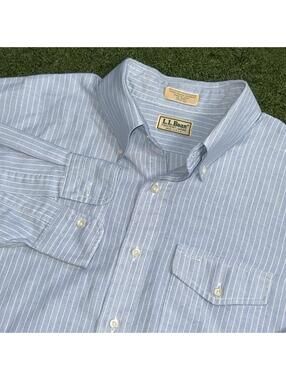Vintage L.L.Bean Button Down Shirt Blue Striped Cotton Mens 17 1/2 35 USA Made